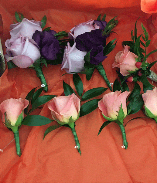 Lilac and Peach rose buttonholes