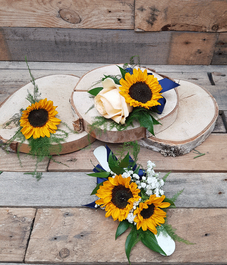 Sunflower rose buttonhole, corsage and wrist corsage