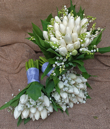White tulip and Lily of the Valley bridal bouquet