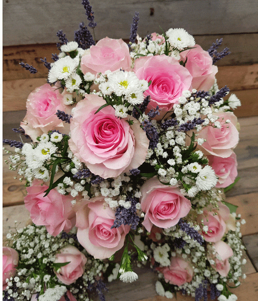 White, pink and lavender bridal bouquet